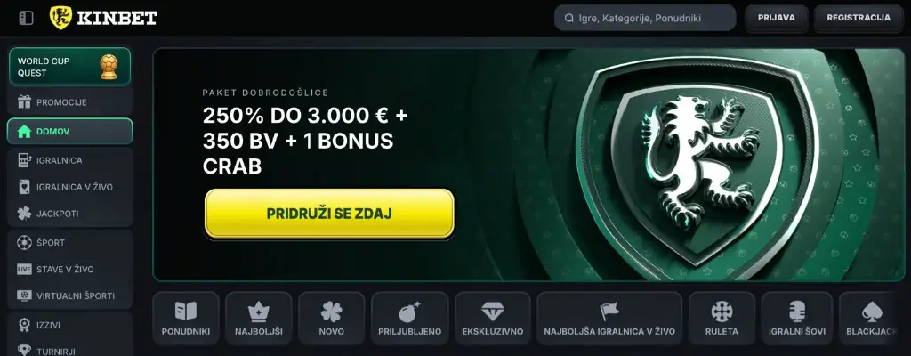 Kinbet – domača stran in paket dobrodošlice